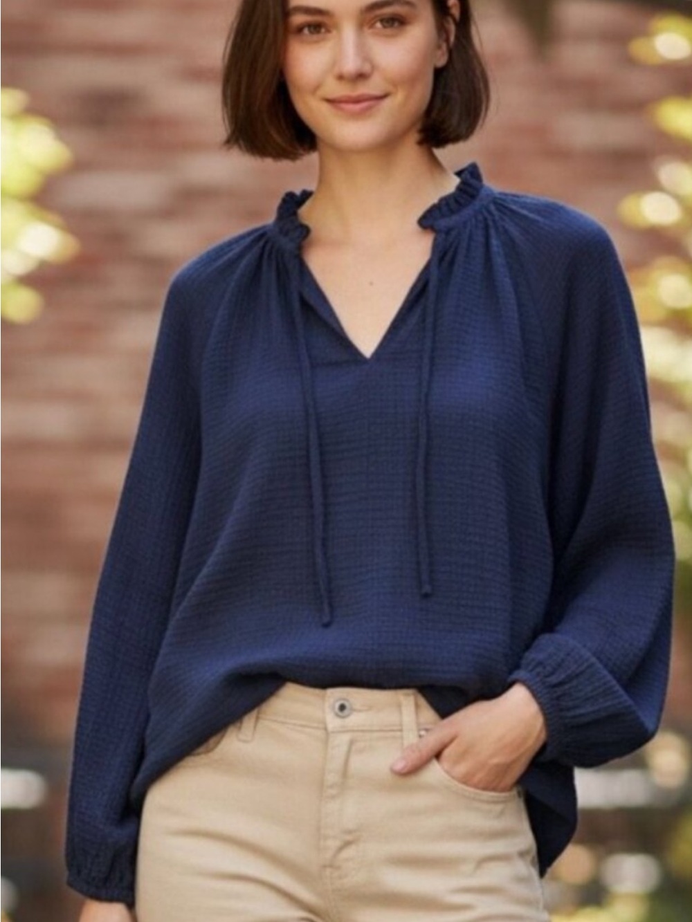 J. Crew Navy Ruffle-Neck V-Tie Long-Sleeve Blouse